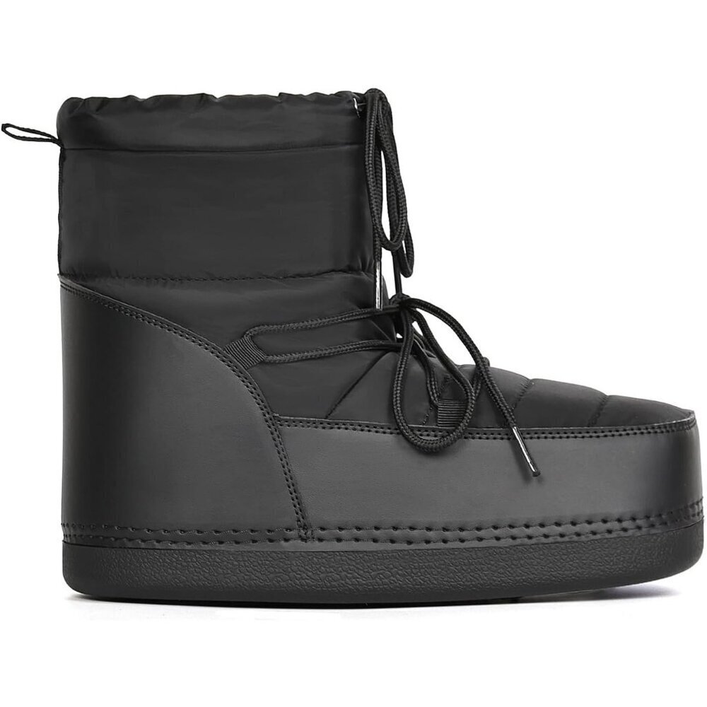 Women's Black Winter Snow Boots Anti-Slip Lace-up Ankle Booties with Lining - Picture 2 of 6
